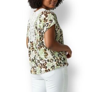 4/$20 BONGO Animal Print Lace Yoke Blouse Short Sleeve Top 1X